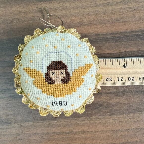 Vintage 1980 Cross-Stitch Christmas Ornaments Set Of 3 Gold Trim Candle Angel Tr - Picture 7 of 9